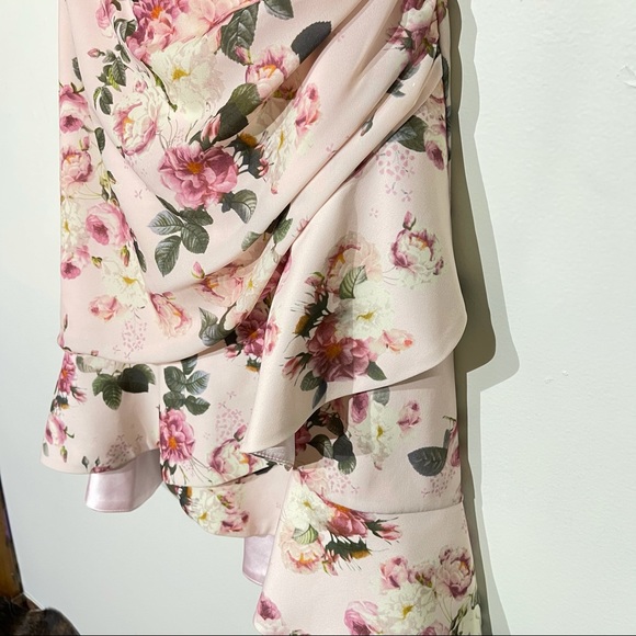 Floral Rouched Sleeve Off the Shoulder Pink Dress - Picture 2 of 6